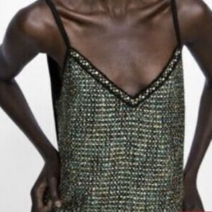 Zara tweed multi sequins colorful V-neck cami tank top. Size Small